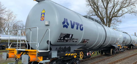 Gray tank car with blue VTG logo on track