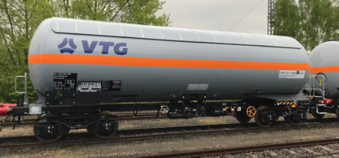 Gray tank car with orange stripe all around